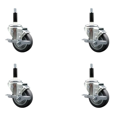 Service Caster 3.5'' Thermoplastic Rubber Swivel 7/8'' Expanding Stem Caster Set with Brake, 4PK SCC-EX20S3514-TPRB-TLB-78-4